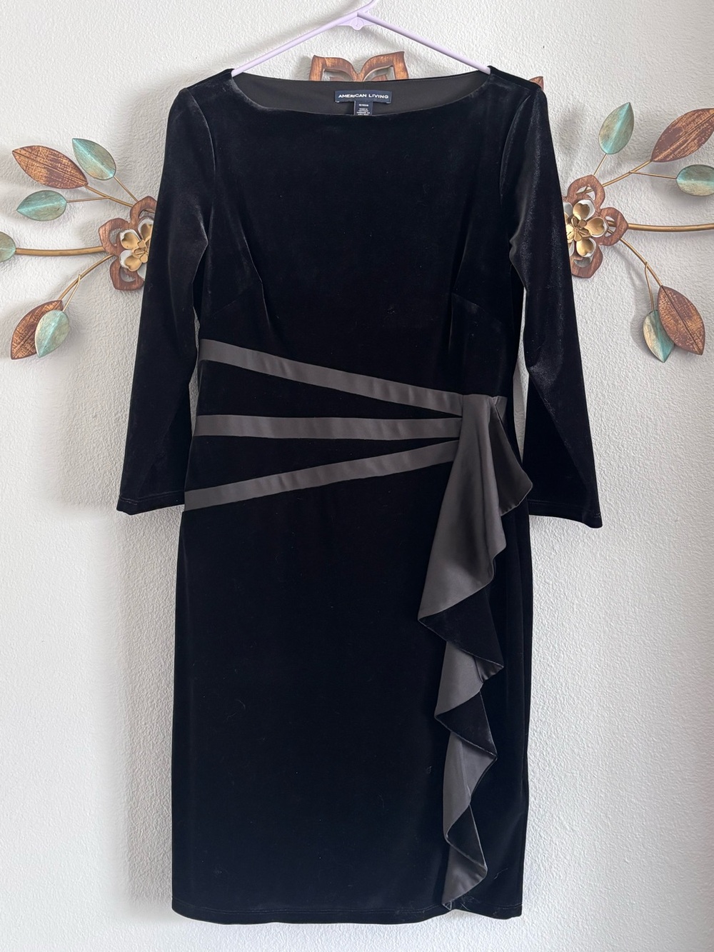 American Living Black Velvet Long Sleeve Sheath Dress with Satin Trim